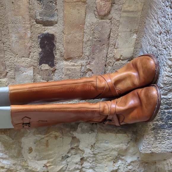 FRYE I Vintage Genuine Goodyear Welt Tall Cognac Leather Boots with Buckles, 5.5 - Picture 7 of 15